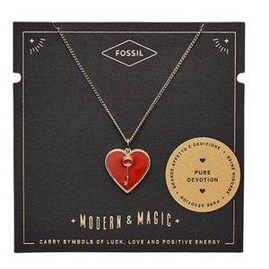 Fossil Heart and Key Necklace, Gold Tone, Red